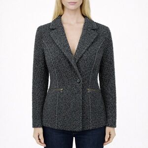 KOMAROV Boucle Knit Blazer Jacket Charcoal Grey Zipper Pockets Moto Size XS